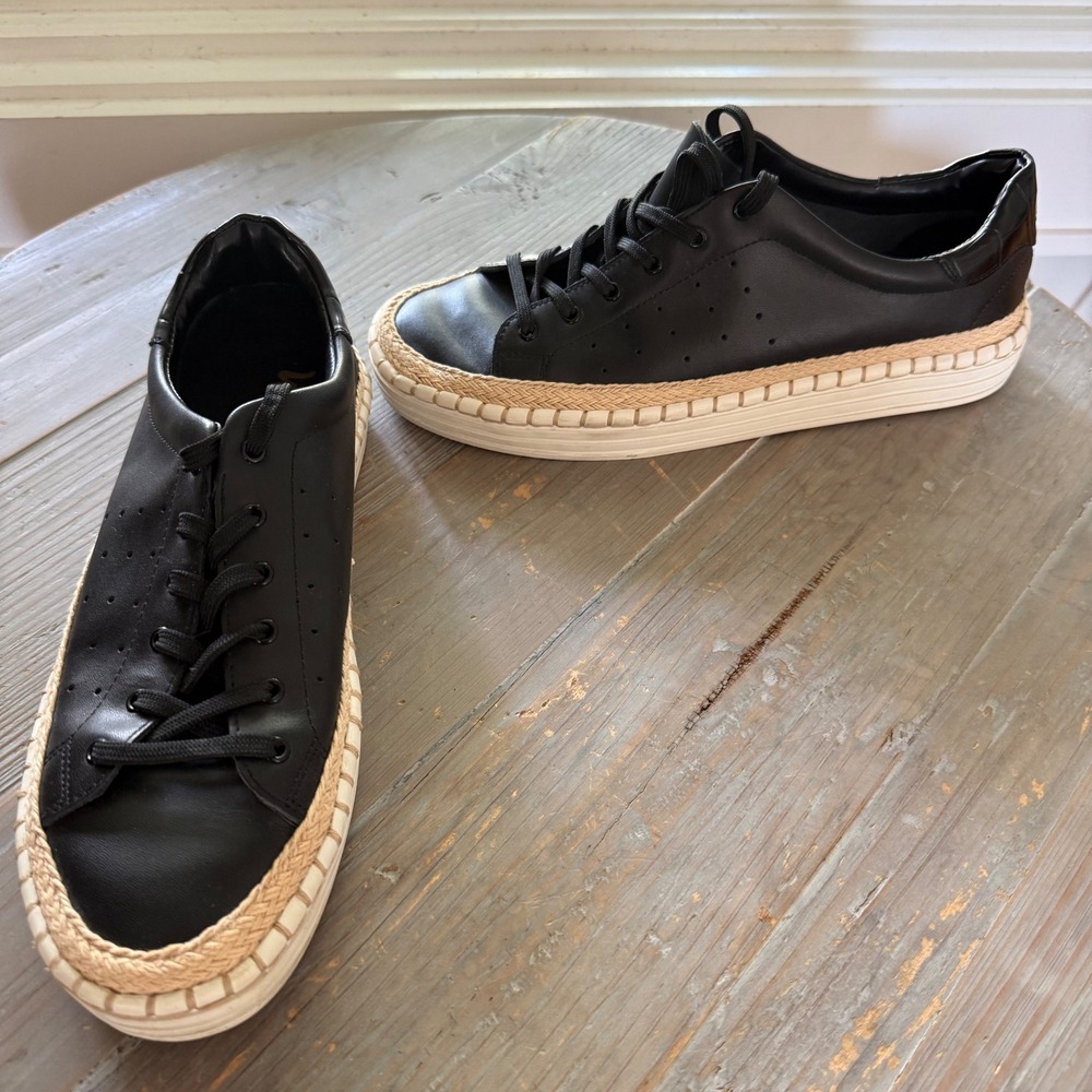 Sam Edelman Kavi Black Leather Espadrille Platform Sneakers WM 7.5 Jute Trim NEW